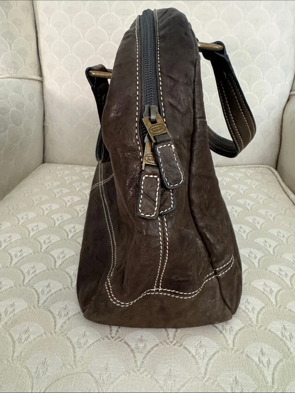 Talbots olive green Leather Bag with Contrast Stitching